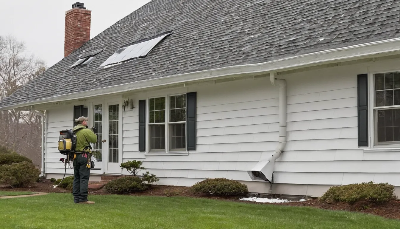 Friendly provider checking a roofline vent on a Tinton Falls home while a homeowner looks on
